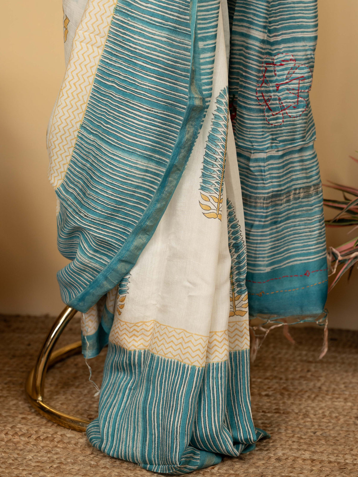 White And Blue Chanderi Block Printed