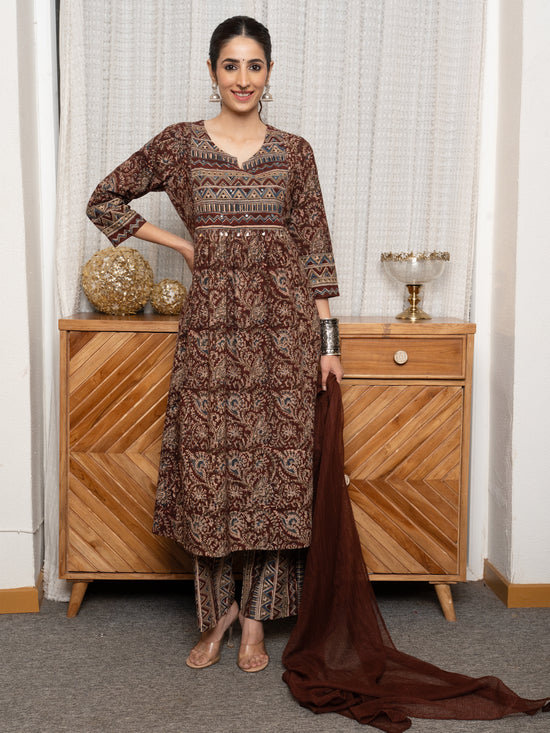 Maroon Cotton Round With V-Neck Kalamkari Kurta Pant For Women's (Dupatta Not Included.)