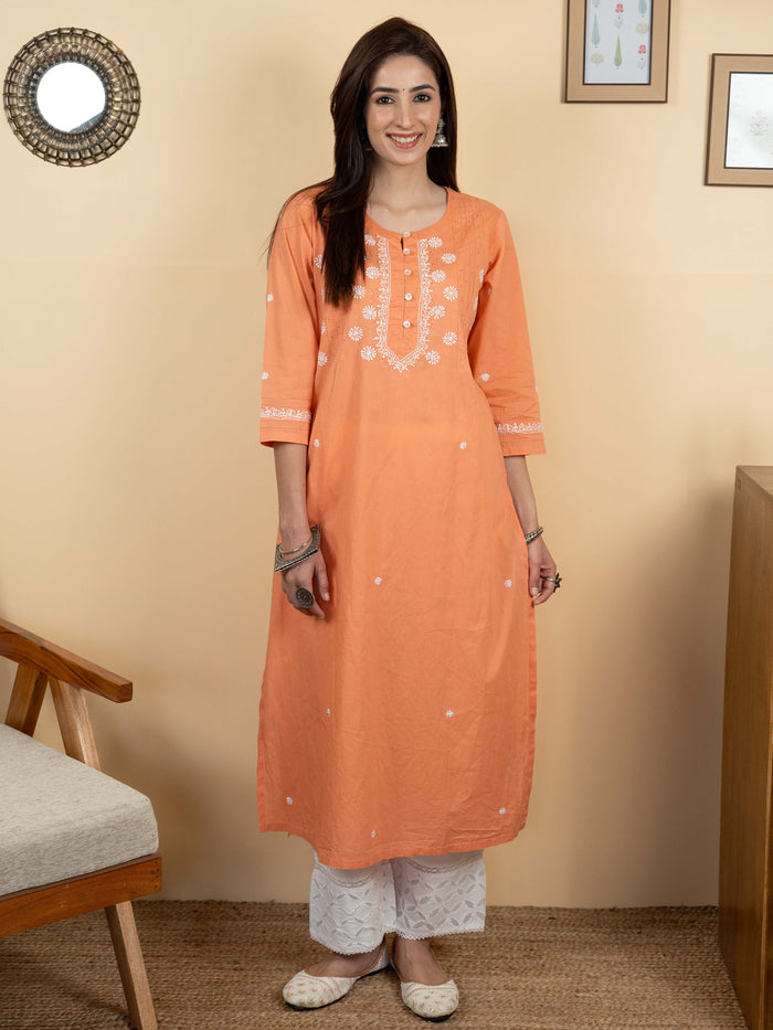 Peach Colour Premium Cotton Round Neck Hand Embroidered Chikankari Kurta