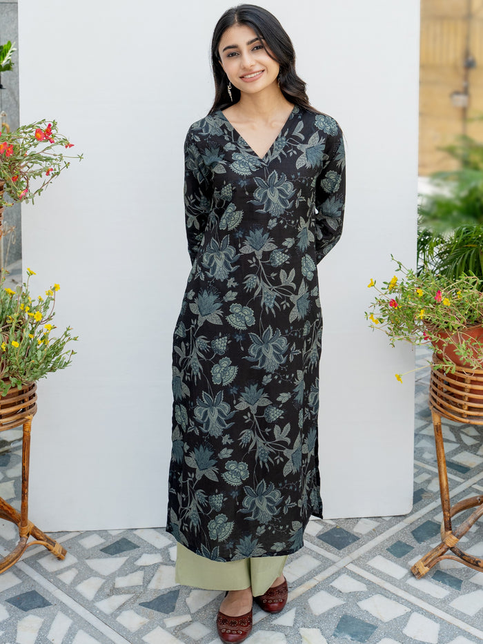 Black Cotton Floral Print Kurta For Women's