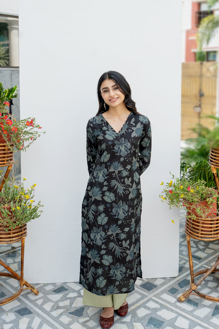 Black Cotton Floral Print Kurta For Women's