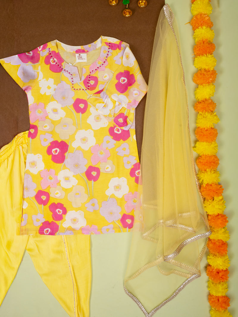 Yellow Cotton Floral Printed Kurta Dhoti Dupatta Set For Girls
