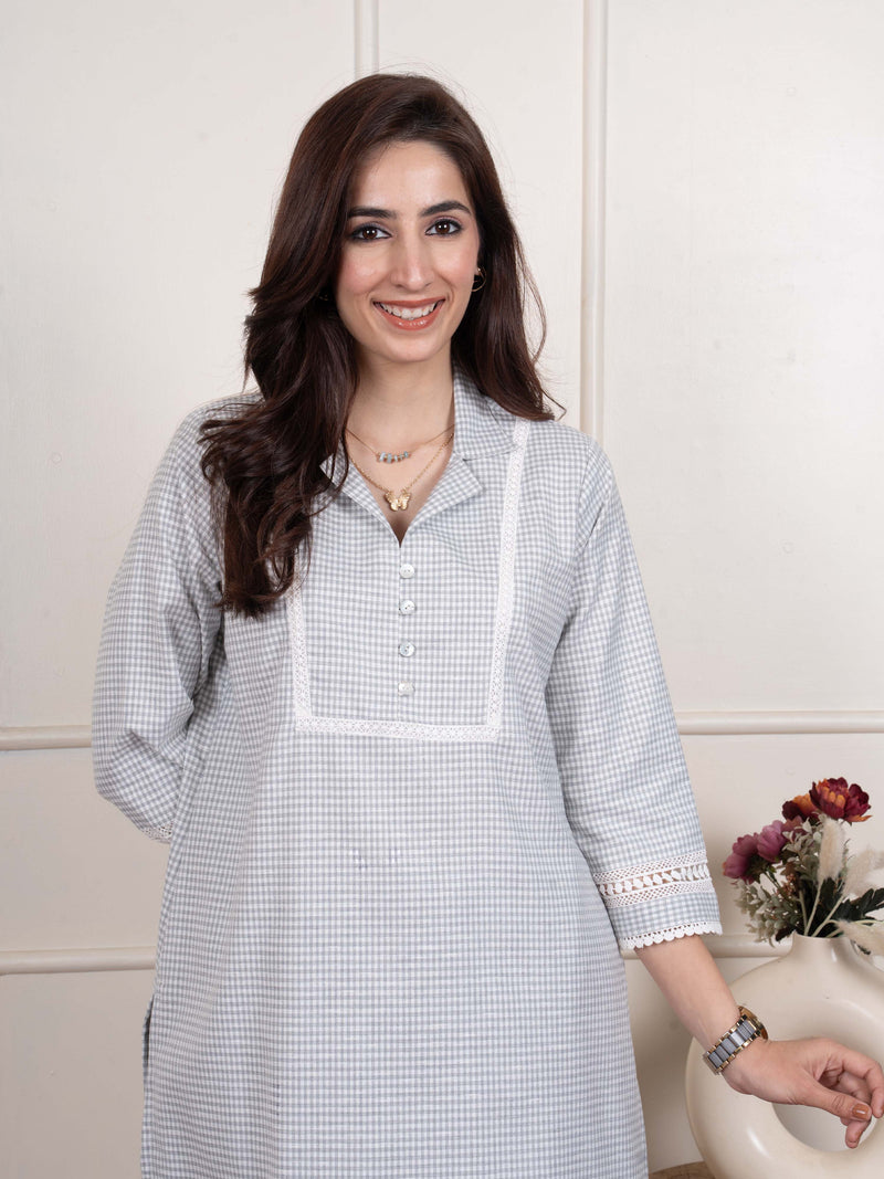 Light Blue Collar Neck Checks Woolen Kurta Pant Set