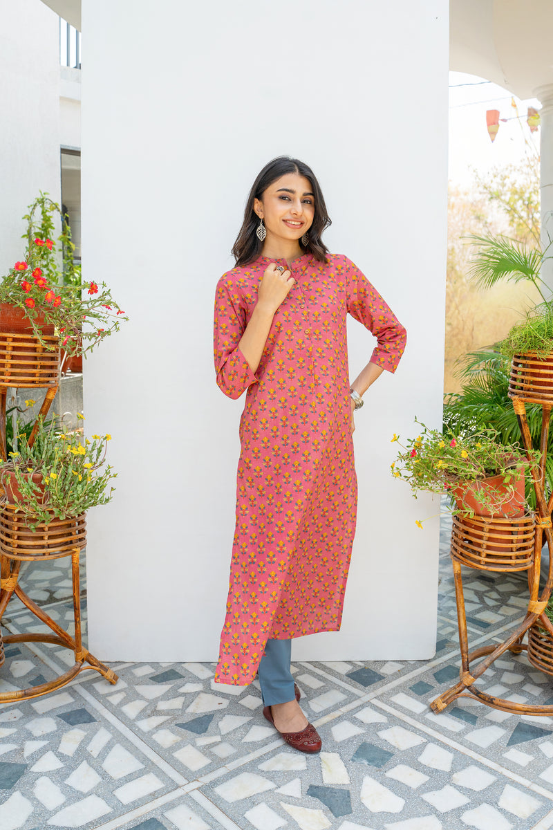 Pink Cotton Printed Kurta For Women's