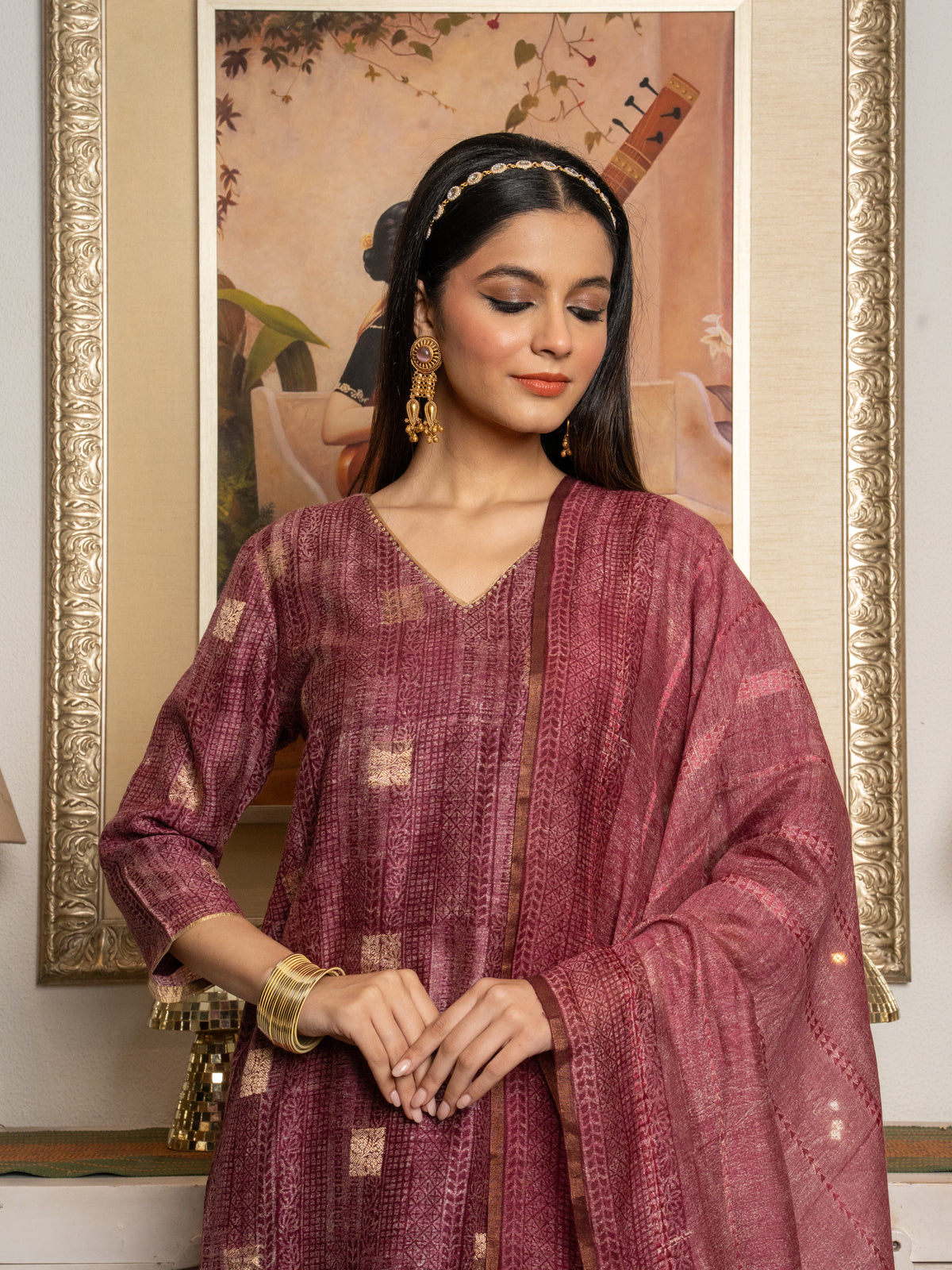 Wine Rose Tussar Silk Handblock Print V- Neck Complete Suit Set For Women's