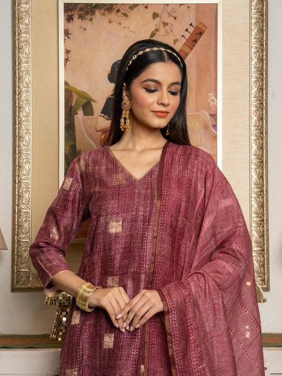 Wine Rose Tussar Silk Handblock Print V- Neck Complete Suit Set For Women's