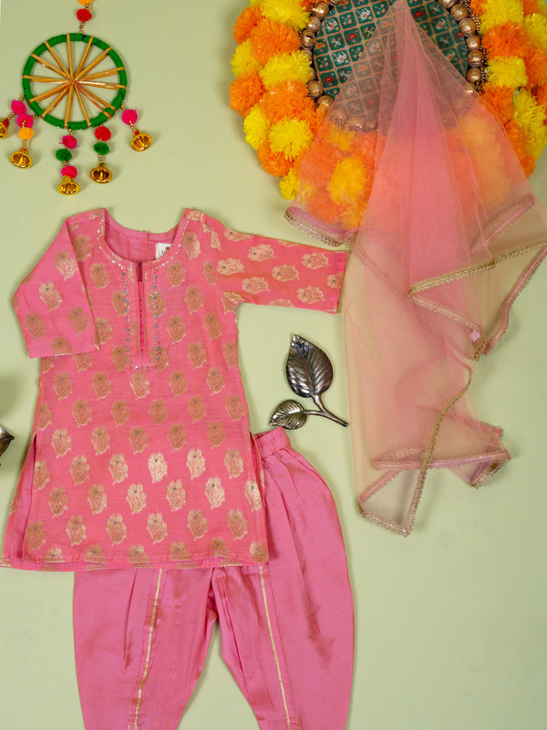 Pink Banarasi Kurta Dhoti Dupatta Set For Girls