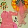 Pink Banarasi Kurta Dhoti Dupatta Set For Girls