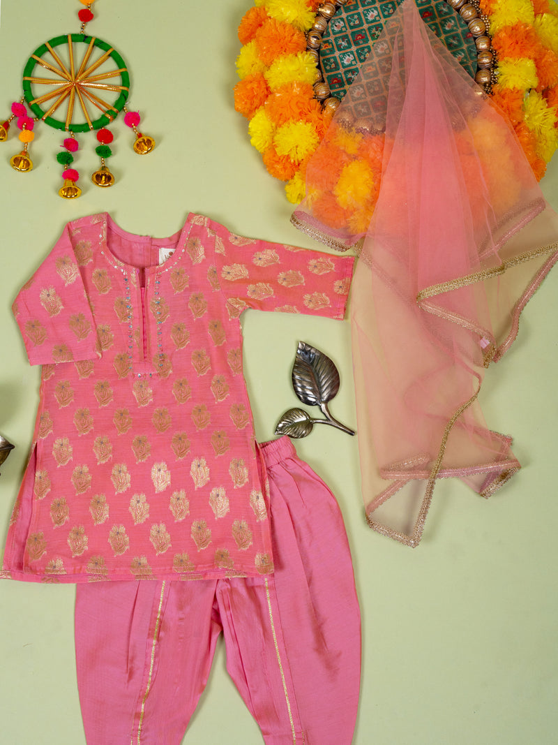 Pink Banarasi Kurta Dhoti Dupatta Set For Girls