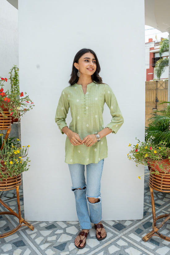 Pastel Green Hnadloom Cotton Short Kurti For Women's