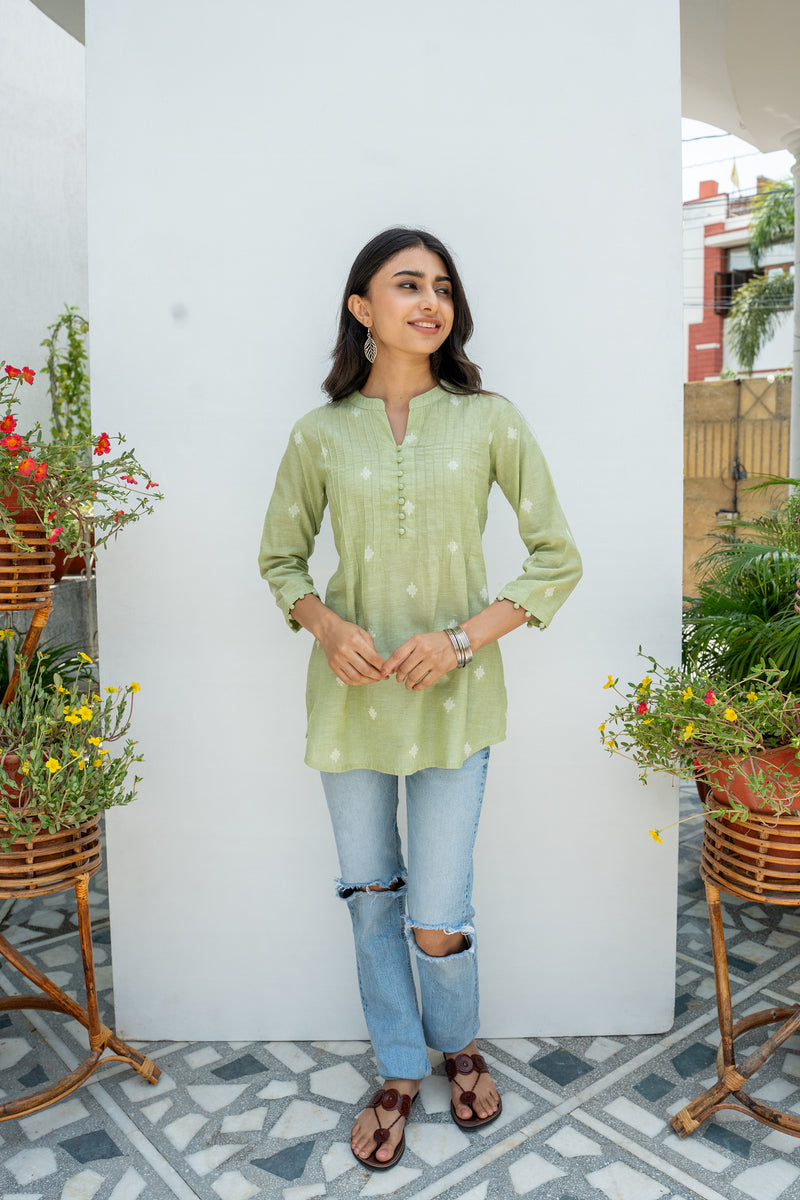 Pastel Green Hnadloom Cotton Short Kurti For Women's