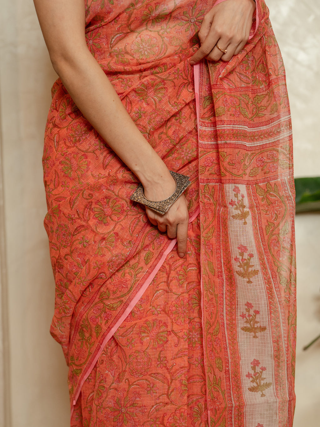 Coral Pink Kota Doria Saree