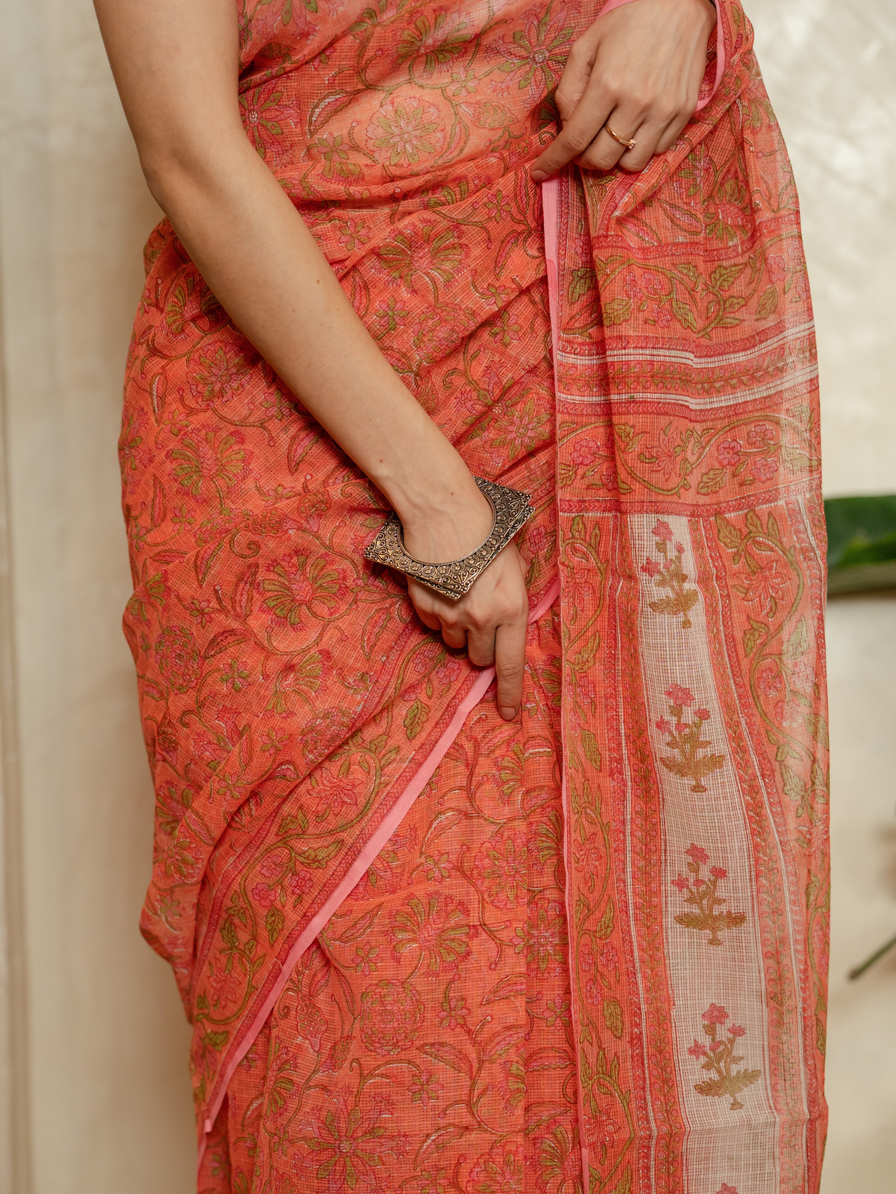 Coral Pink Kota Doria Saree