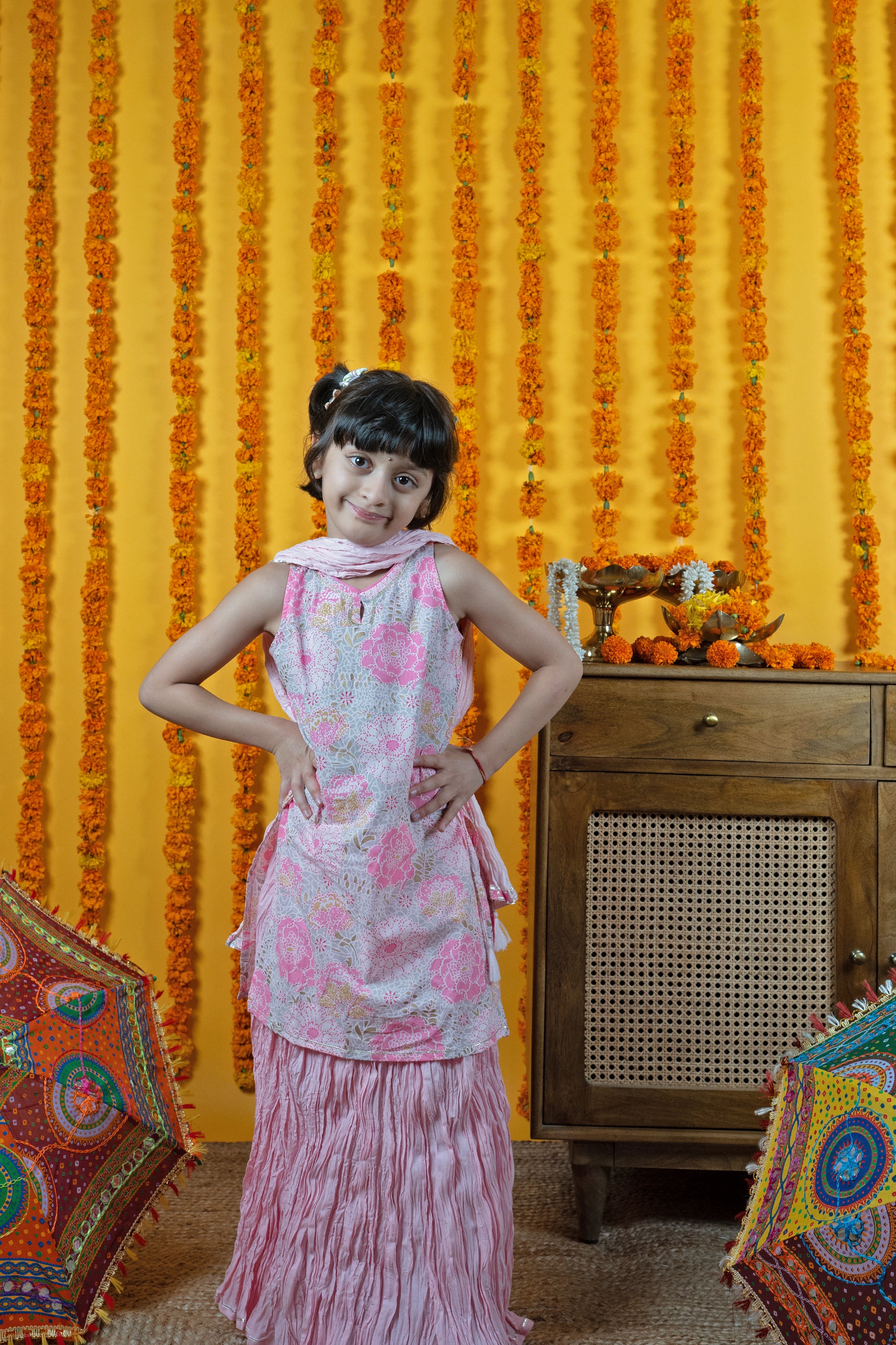 Kids Pink Cotton Kurta Skirt Set
