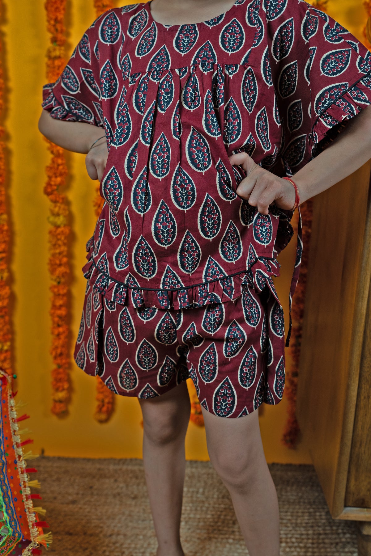 Kids Maroon Cotton Round Neck Top & Shorts Set