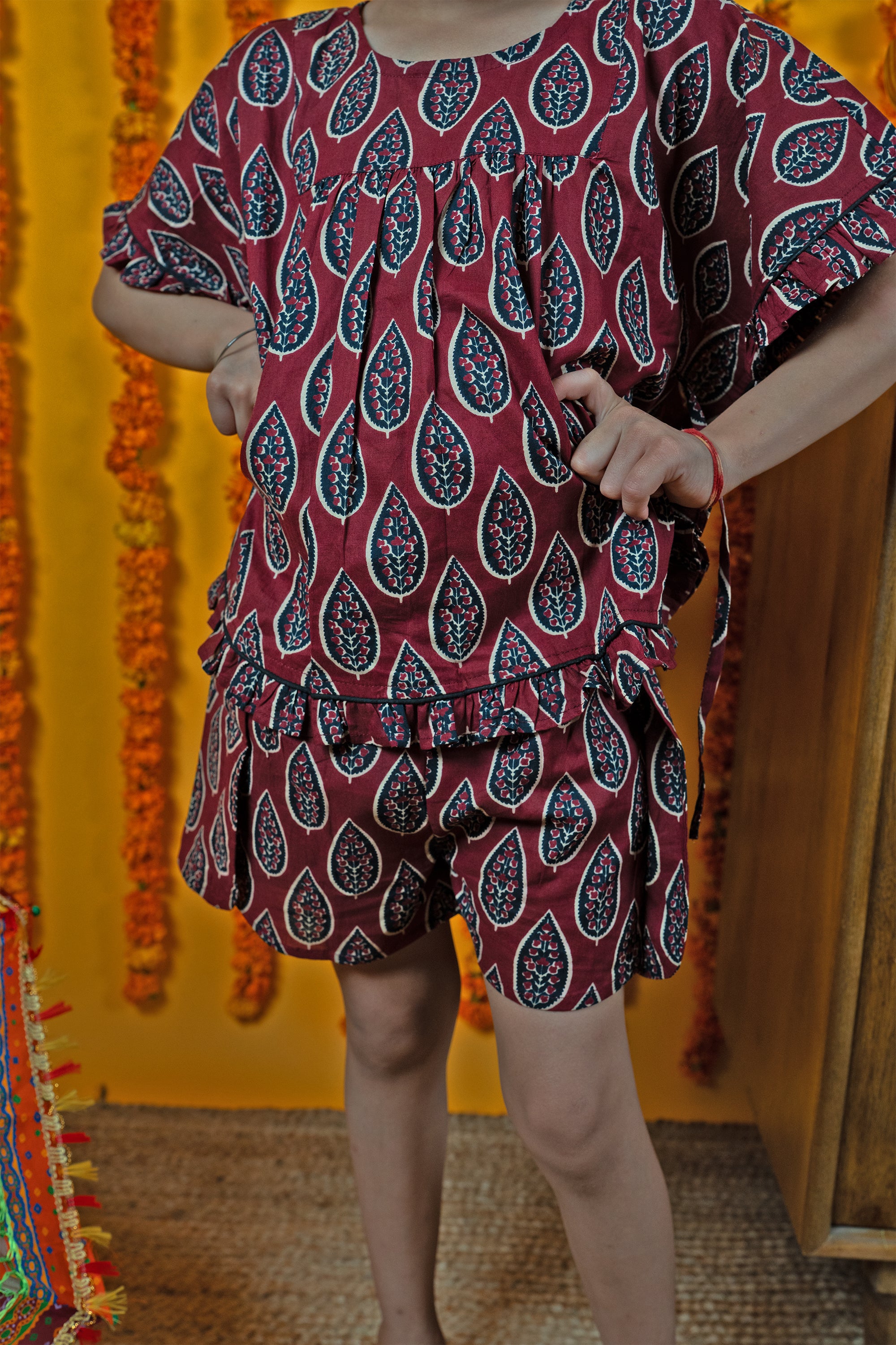 Kids Maroon Cotton Round Neck Top & Shorts Set