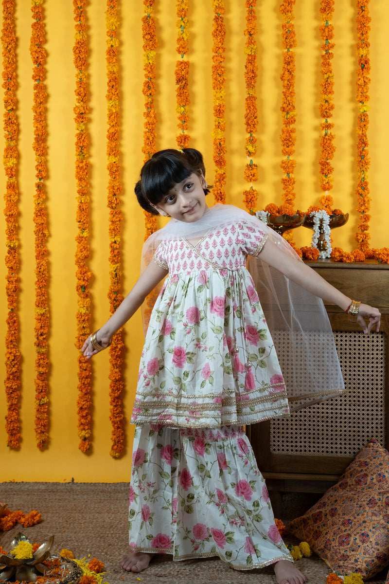 KIds White Printed Kurta Shrara Set For Women's