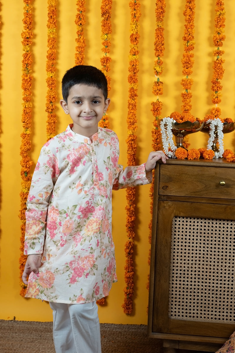 Boys Multicolor Floral Printed Cotton Kurta