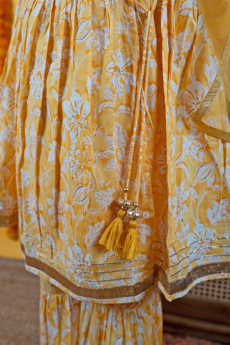 Yellow Cotton Kids Kurta & Shrara Set