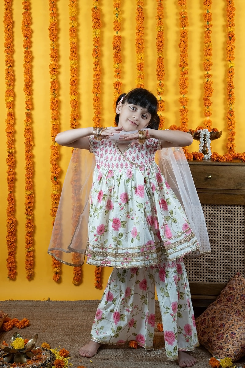 KIds White Printed Kurta Shrara Set For Women's