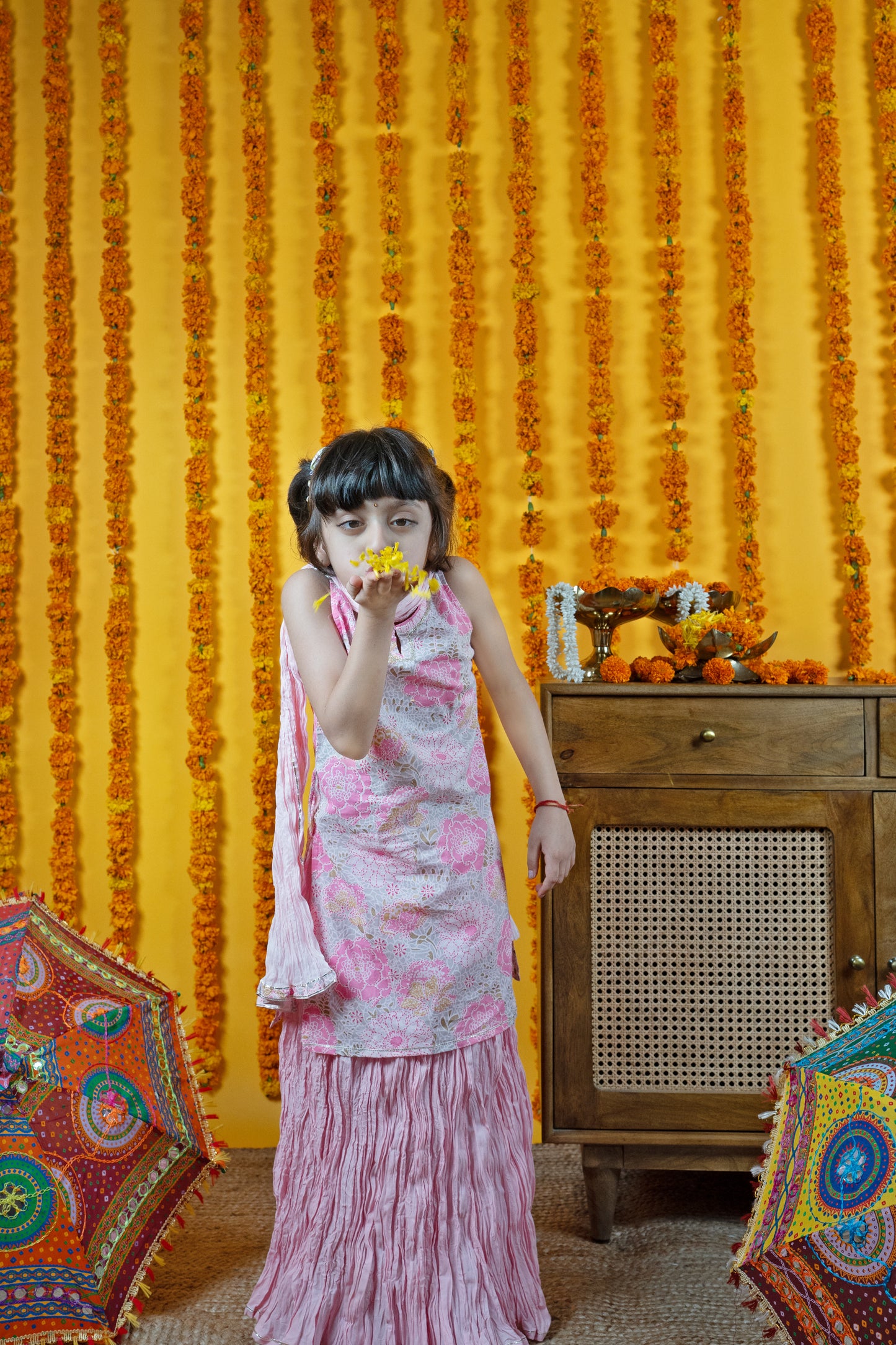 Kids Pink Cotton Kurta Skirt Set