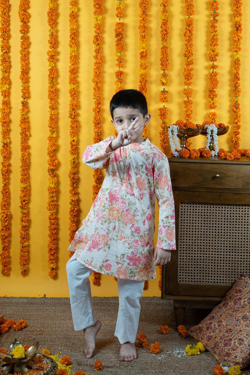 Boys Multicolor Floral Printed Cotton Kurta