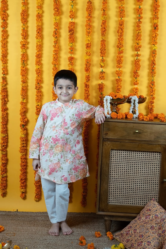 Boys Multicolor Floral Printed Cotton Kurta