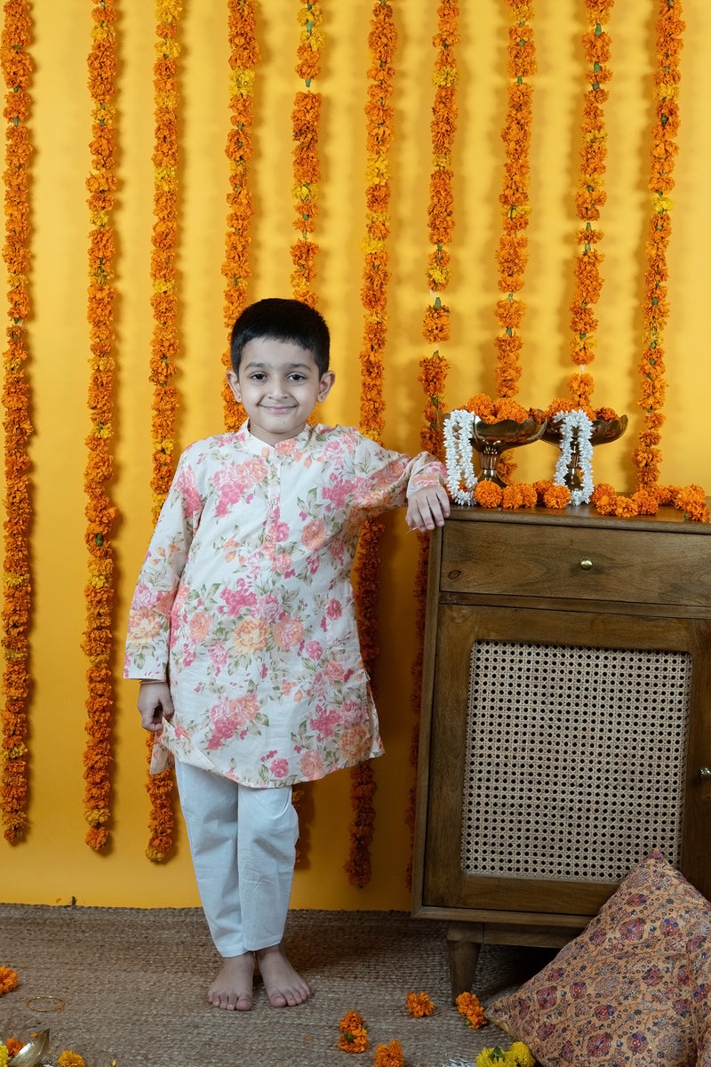Boys Multicolor Floral Printed Cotton Kurta