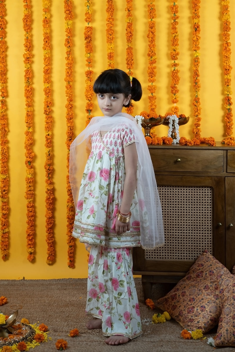 KIds White Printed Kurta Shrara Set For Women's
