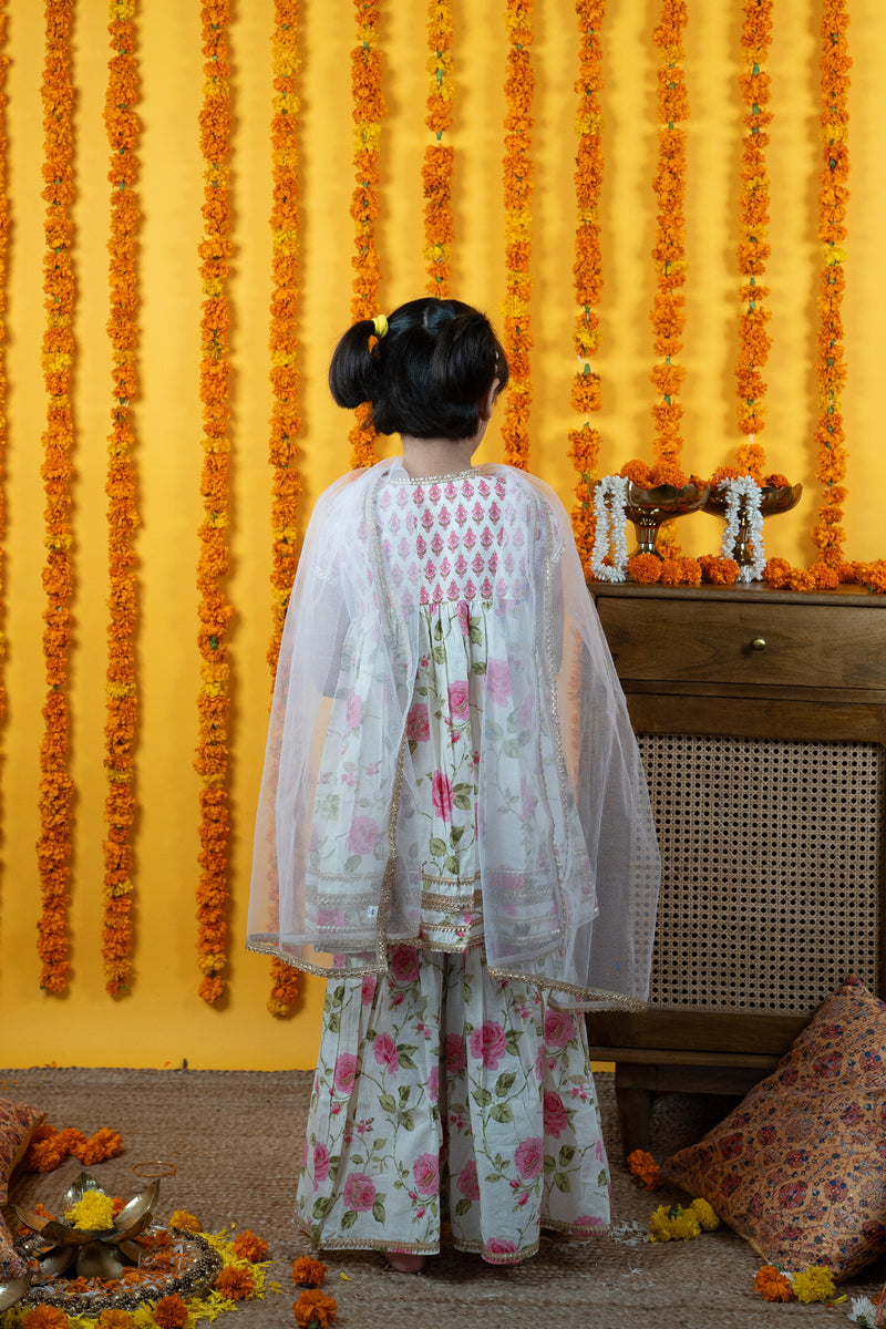 KIds White Printed Kurta Shrara Set For Women's