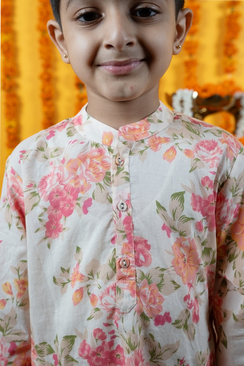 Boys Multicolor Floral Printed Cotton Kurta