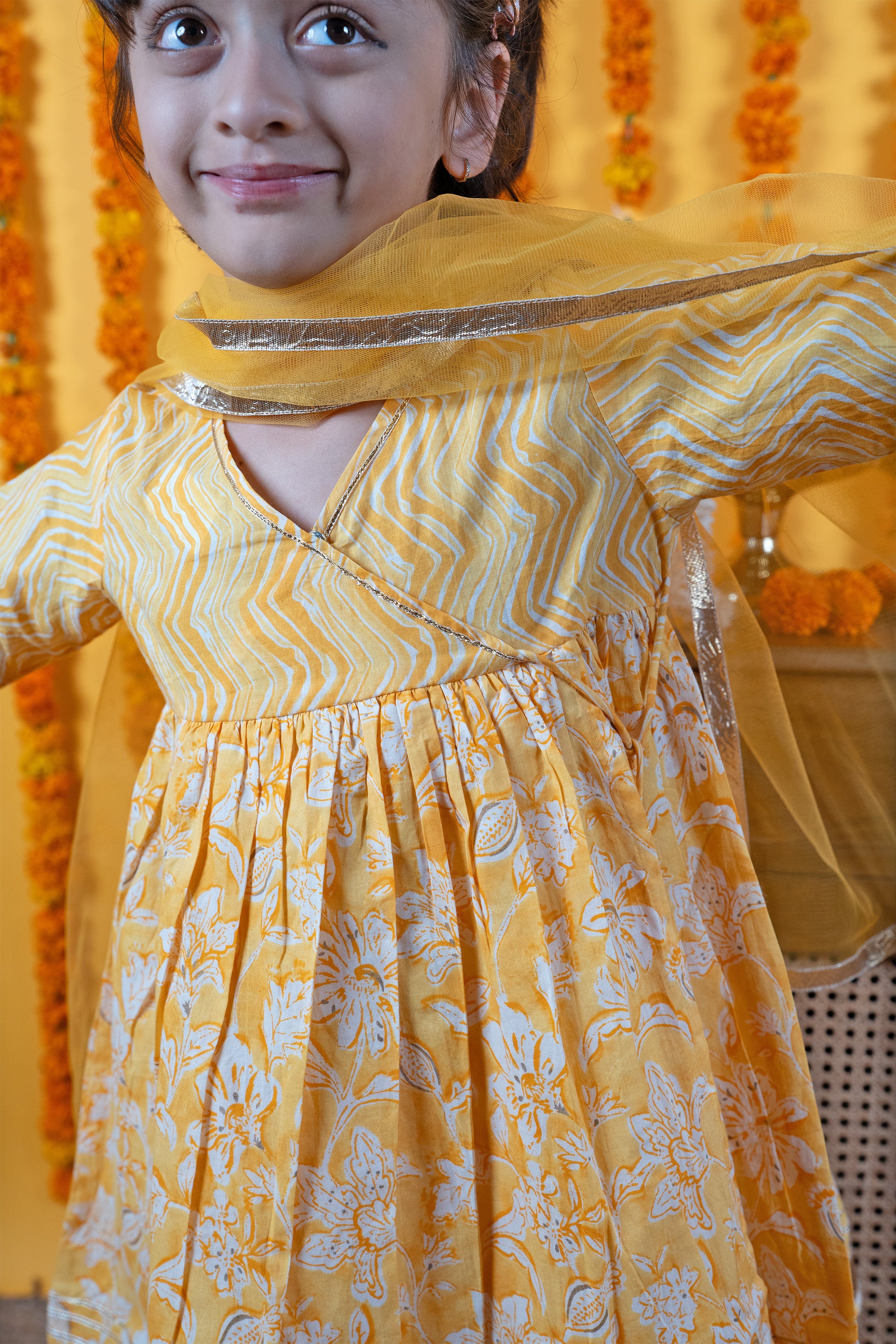 Yellow Cotton Kids Kurta & Shrara Set