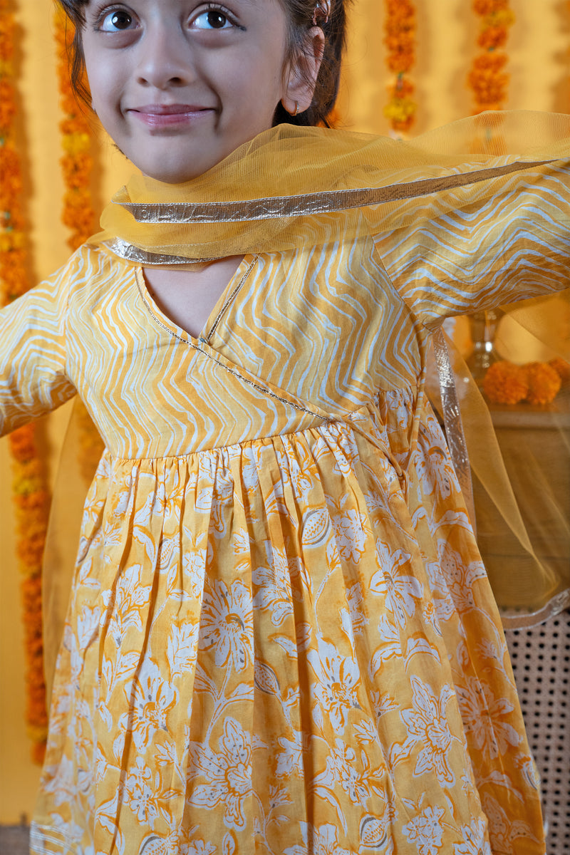 Yellow Cotton Kids Kurta & Shrara Set
