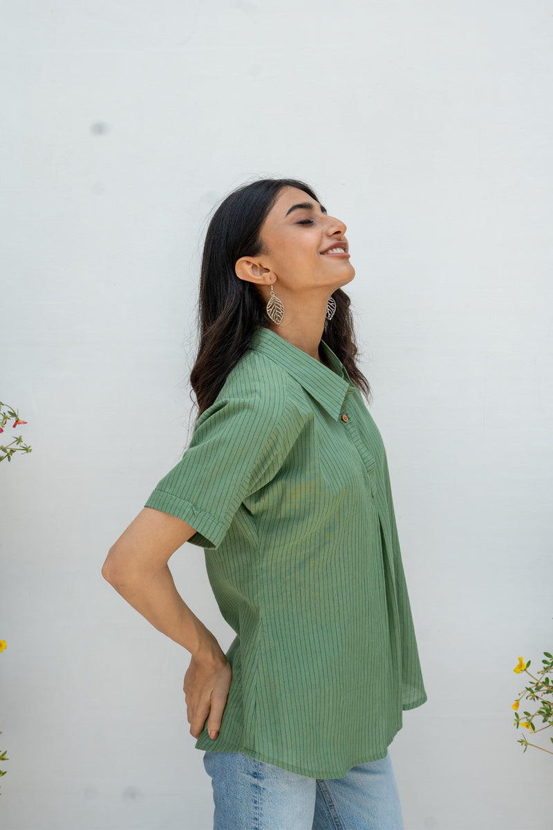 Green Cotton Handloom Collar Neck Short Top For Women's
