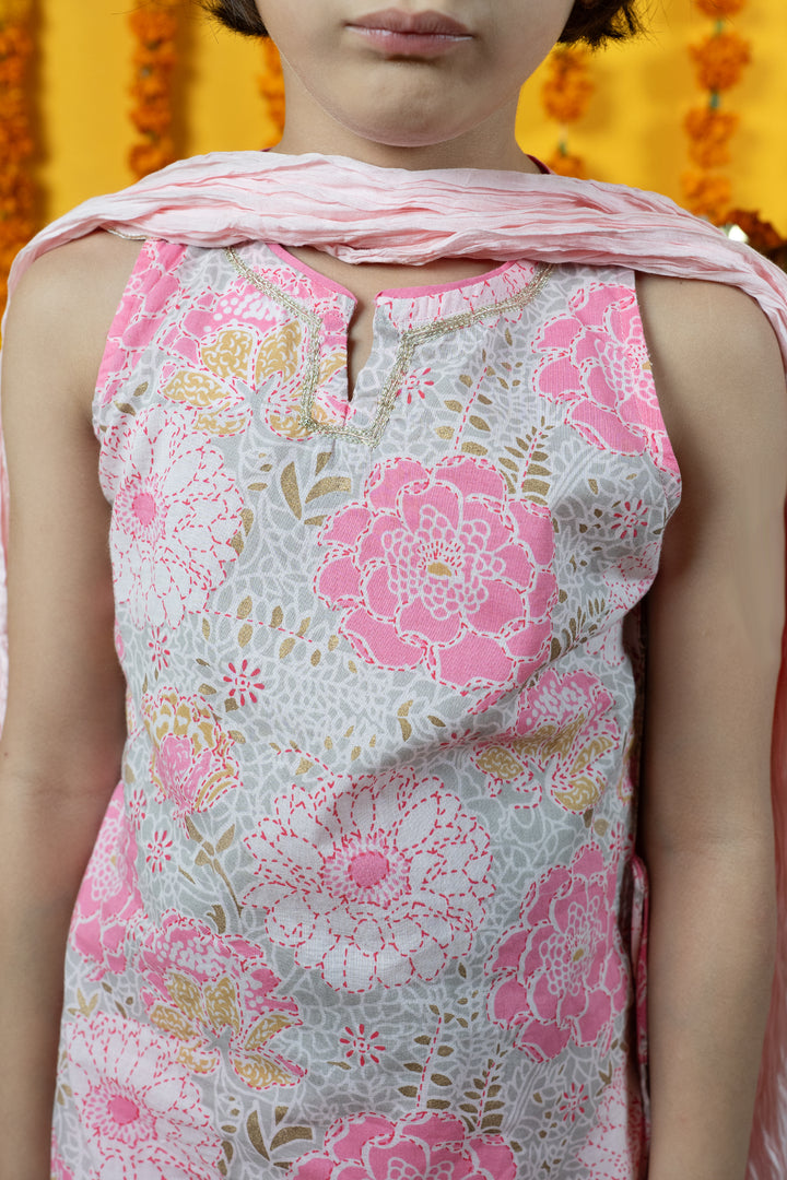 Kids Pink Cotton Kurta Skirt Set