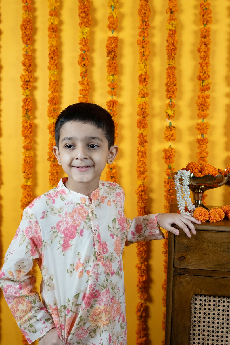 Boys Multicolor Floral Printed Cotton Kurta