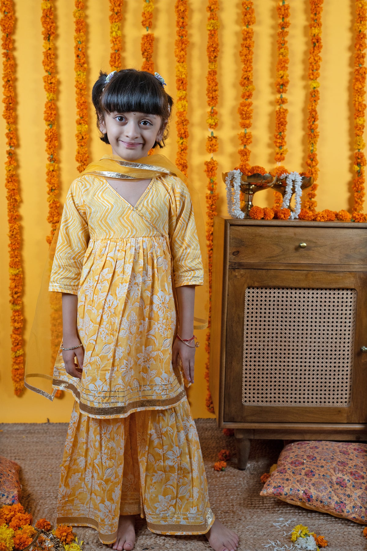 Yellow Cotton Kids Kurta & Shrara Set