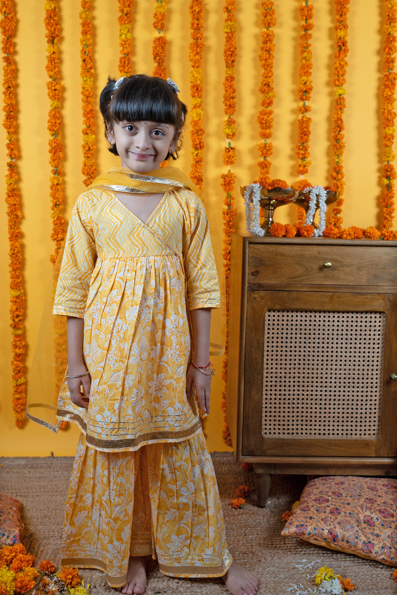 Yellow Cotton Kids Kurta & Shrara Set