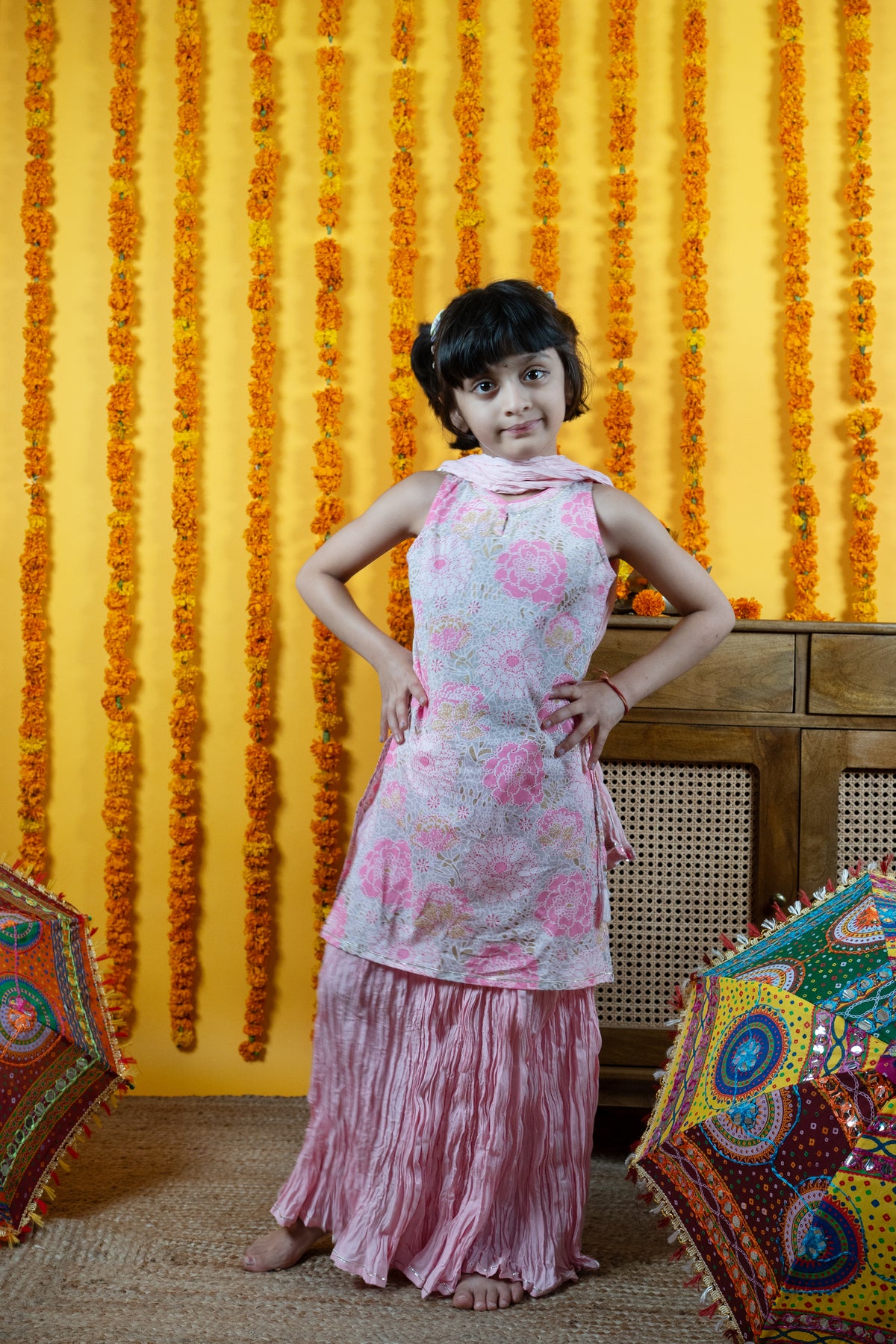 Kids Pink Cotton Kurta Skirt Set