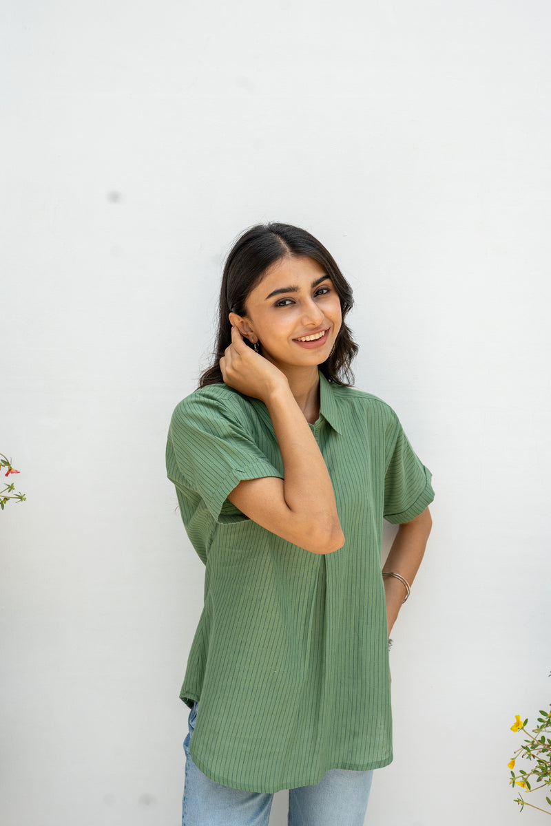Green Cotton Handloom Collar Neck Short Top For Women's