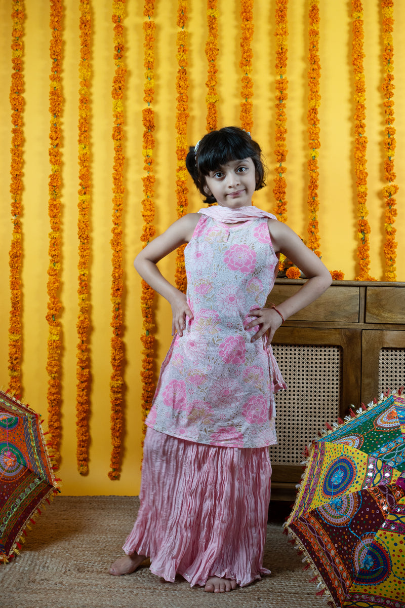 Kids Pink Cotton Kurta Skirt Set