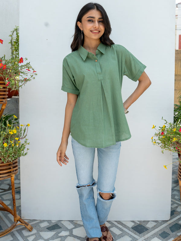 Green Cotton Handloom Collar Neck Short Top For Women's