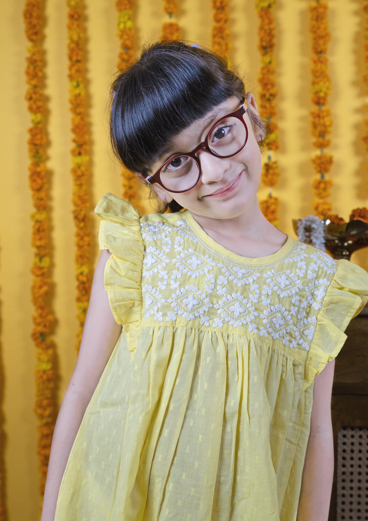 Yellow Cotton Dobby Frock For Kids Girls
