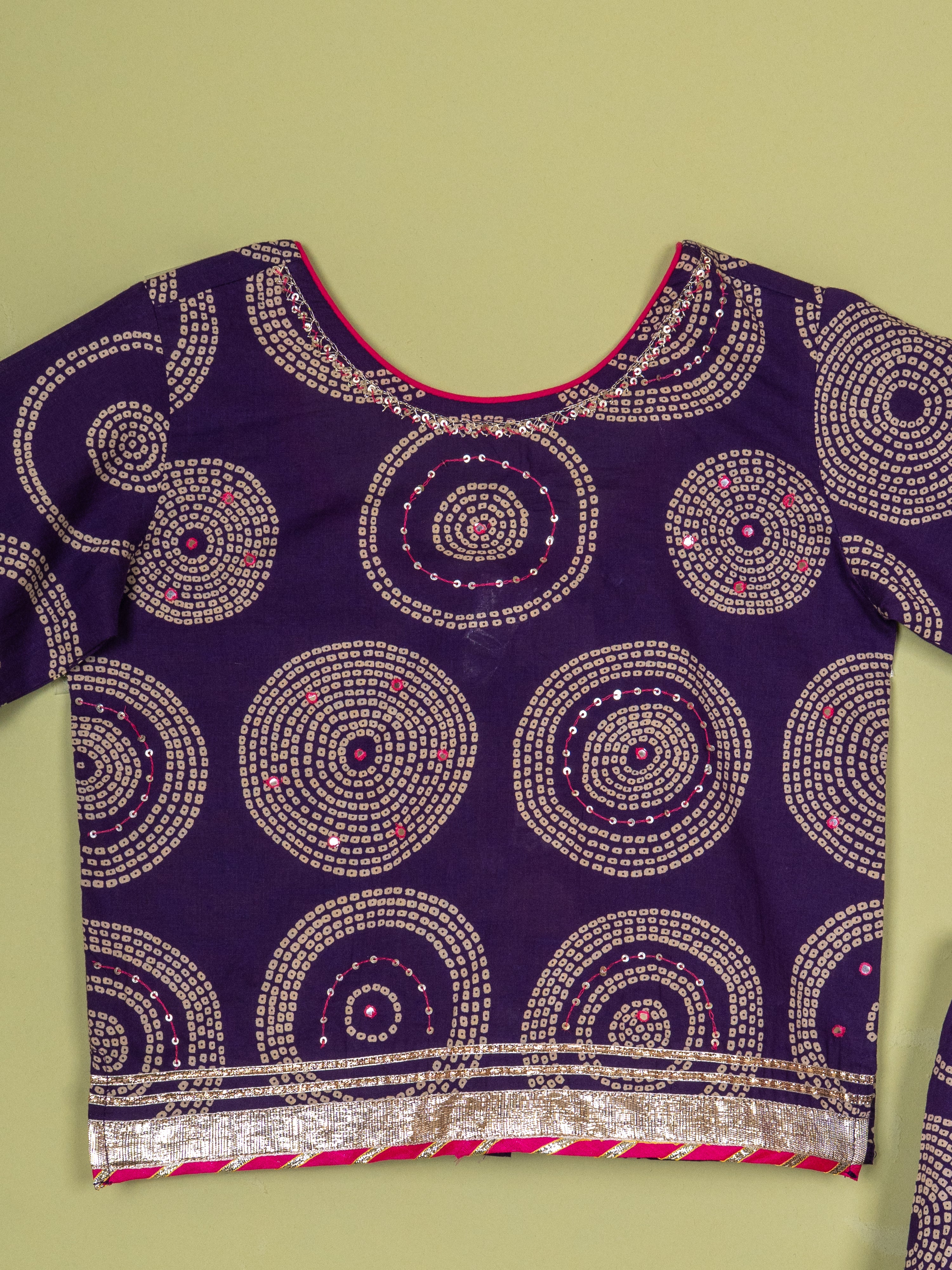 Brinjal Booti Work Round Neck Kids Girl Casual Kurta - Skirt - Dupatta