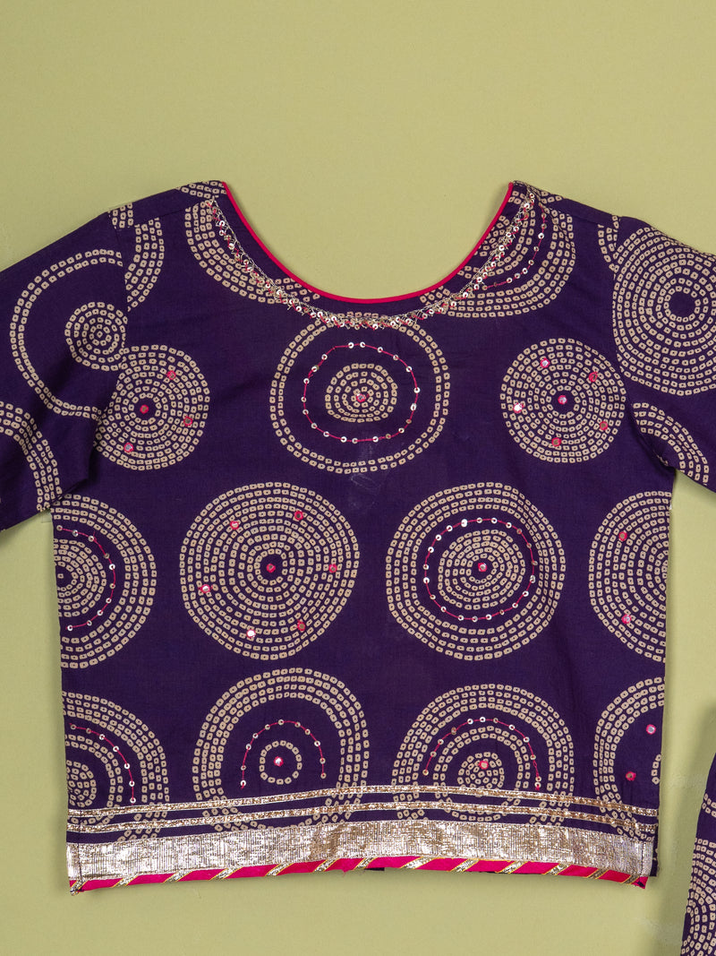 Brinjal Booti Work Round Neck Kids Girl Casual Kurta - Skirt - Dupatta