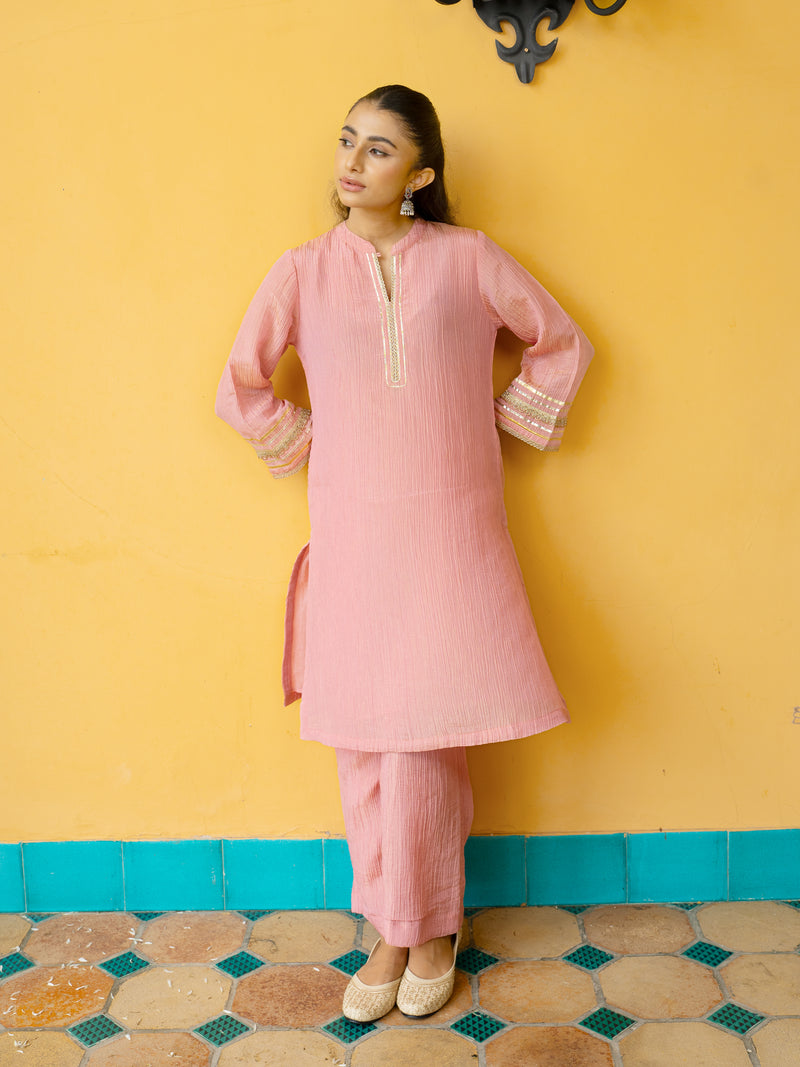 Pink Crushed Tissue Kurta Pant Set For Women's