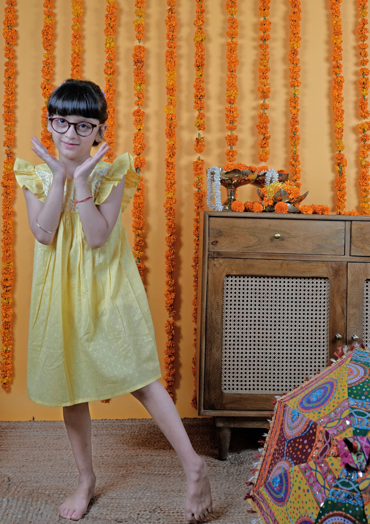 Yellow Cotton Dobby Frock For Kids Girls