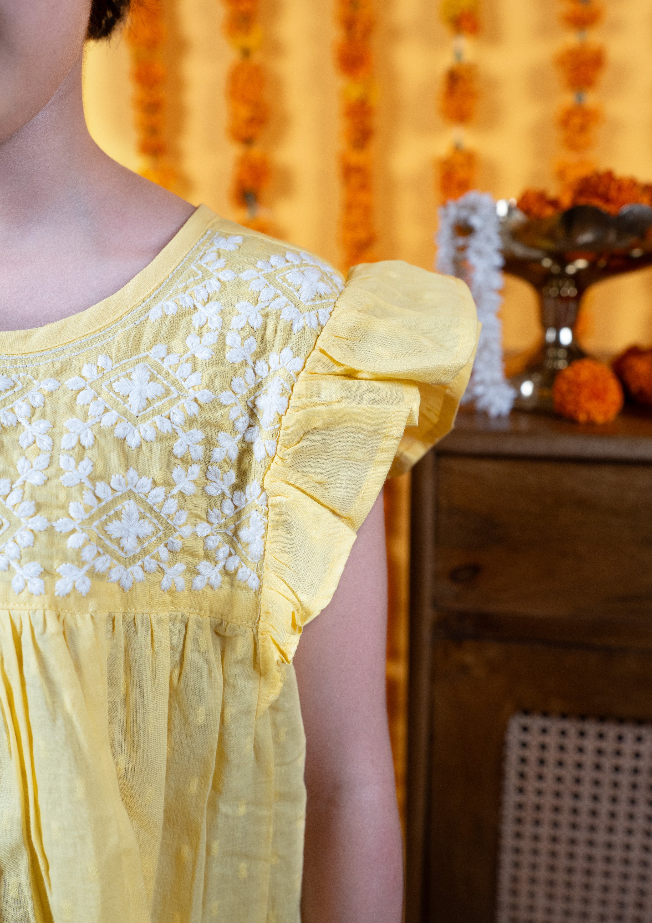 Yellow Cotton Dobby Frock For Kids Girls