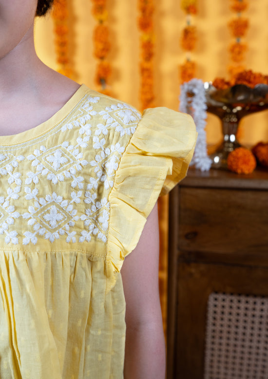 Yellow Cotton Dobby Frock For Kids Girls