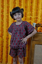 Kids Maroon Cotton Round Neck Top & Shorts Set